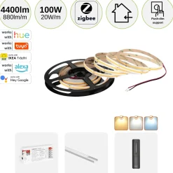 COB LED Strip Sæt | 5m | CCT | Zigbee | 20W/m | 10mm | Inkl. Controller, Fjernbetjening og Profil