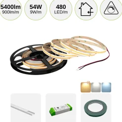 COB LED Strip Sæt | 6m | 3000K | Dæmpbar | 9W/m | 8mm | Inkl. Driver og Profil