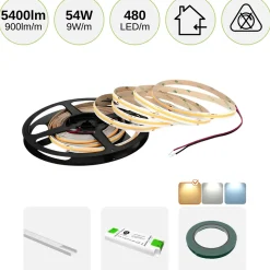 COB LED Strip Sæt | 6m | 3000K | 9W/m | 8mm | Inkl. Driver og Profil