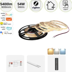 COB LED Strip Sæt | 6m | 3000K | Zigbee | 9W/m | 8mm | Inkl. Controller, Fjernbetjening og Profil