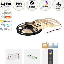 COB LED Strip Sæt | 5m | RGBW | Zigbee | 12W/m | 12mm | Inkl. Controller og Fjernbetjening