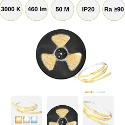 COB LED Strip 12V | 50m | 8mm | 3000K | 920lm/m | 10W/m | IP20