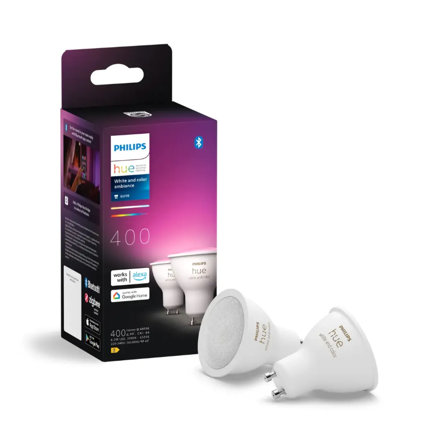 Havespot Sæt | 4-Pak | Inkl. Philips Hue Gu10 | White & Color Ambiance | Bridge | 400lm | 4,2W