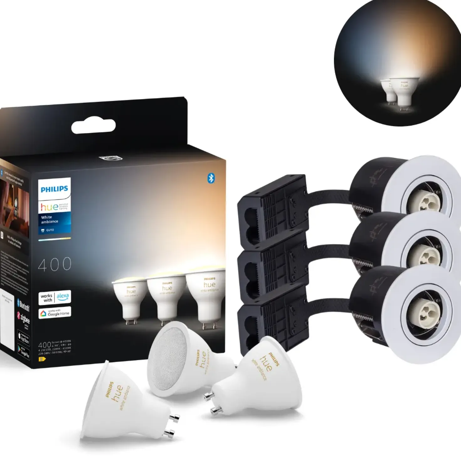 Indbygningsspot Sæt | 3-Pak | Inkl. Philips Hue Gu10 | White Ambiance | 400lm | 4,2W | Hvid