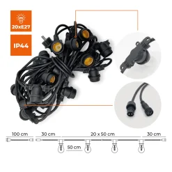 LED lyskæde med pærer | 10m | inkl. 20 stk. Filament Plast Pære | 2700K
