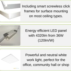 LED Panel 60x60 | 5-Pak | 4000K | 4320lm | 36W | NELIO G2 | Inkl. Påbygningsramme | Hvid