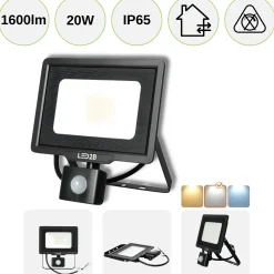 LED Projektør med Sensor | 4000K | 1600lm | 20W | IP65 | LED2B MHC | Sort