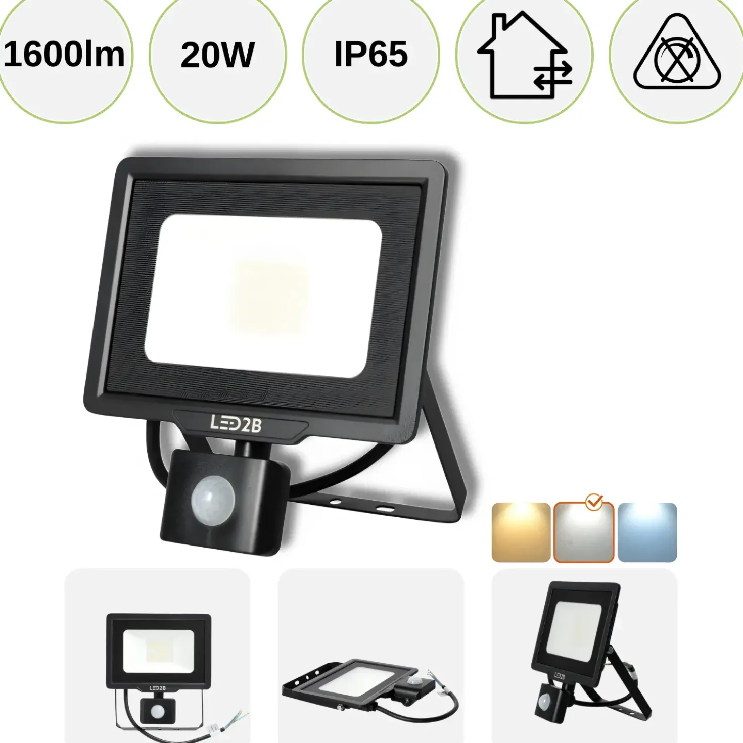 LED Projektør med Sensor | 4000K | 1600lm | 20W | IP65 | LED2B MHC | Sort