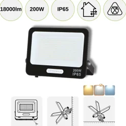 LED Projektør | 4-Pak | 4000K | 200W | 18000lm | IP65 | Sort | Masser af lys
