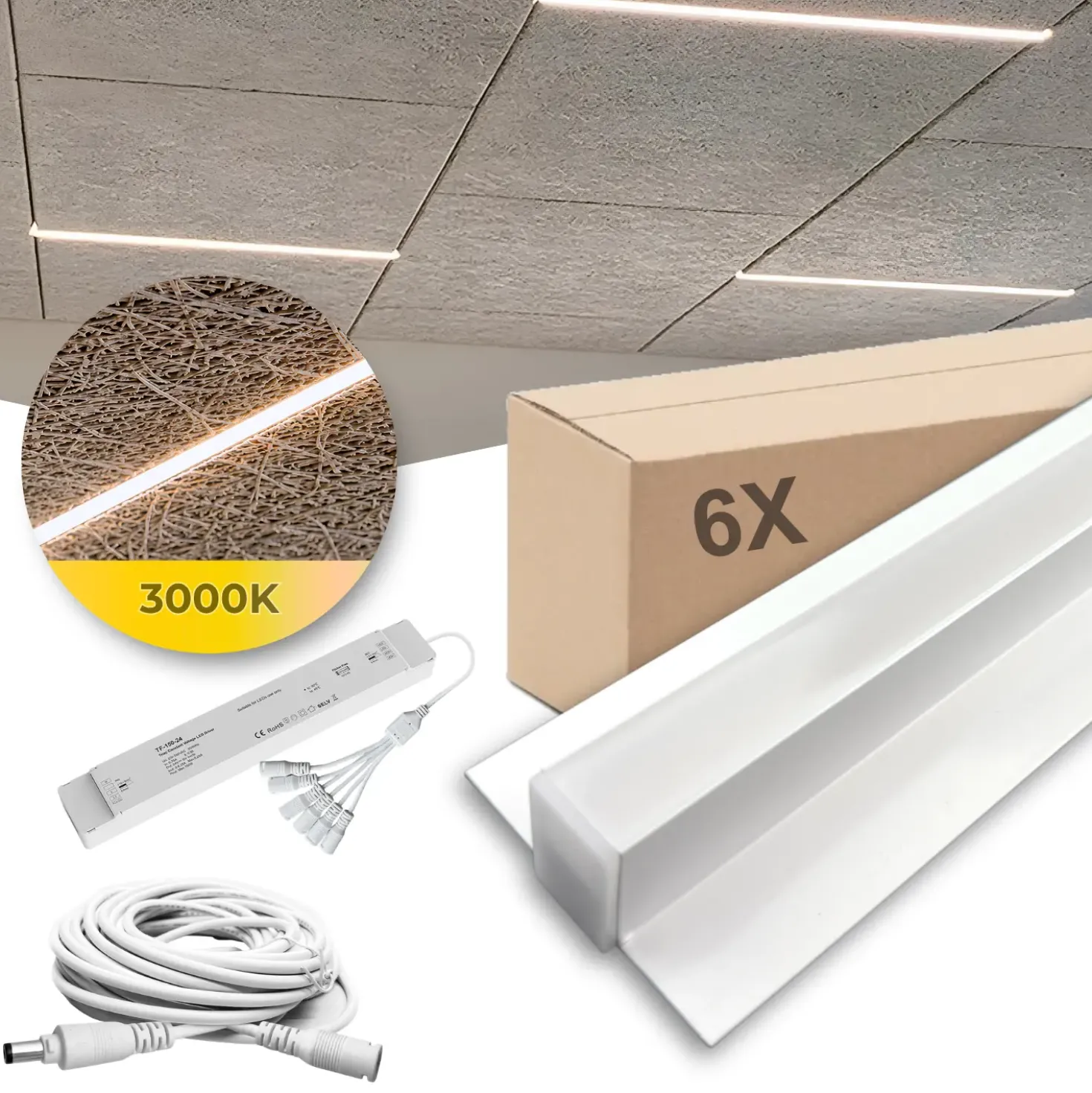 LED Troldtekt Skinner 60cm | 6 stk. Sæt | Inklusiv kabler, driver og 6-splitter | 3000K | PureLED | Hvid