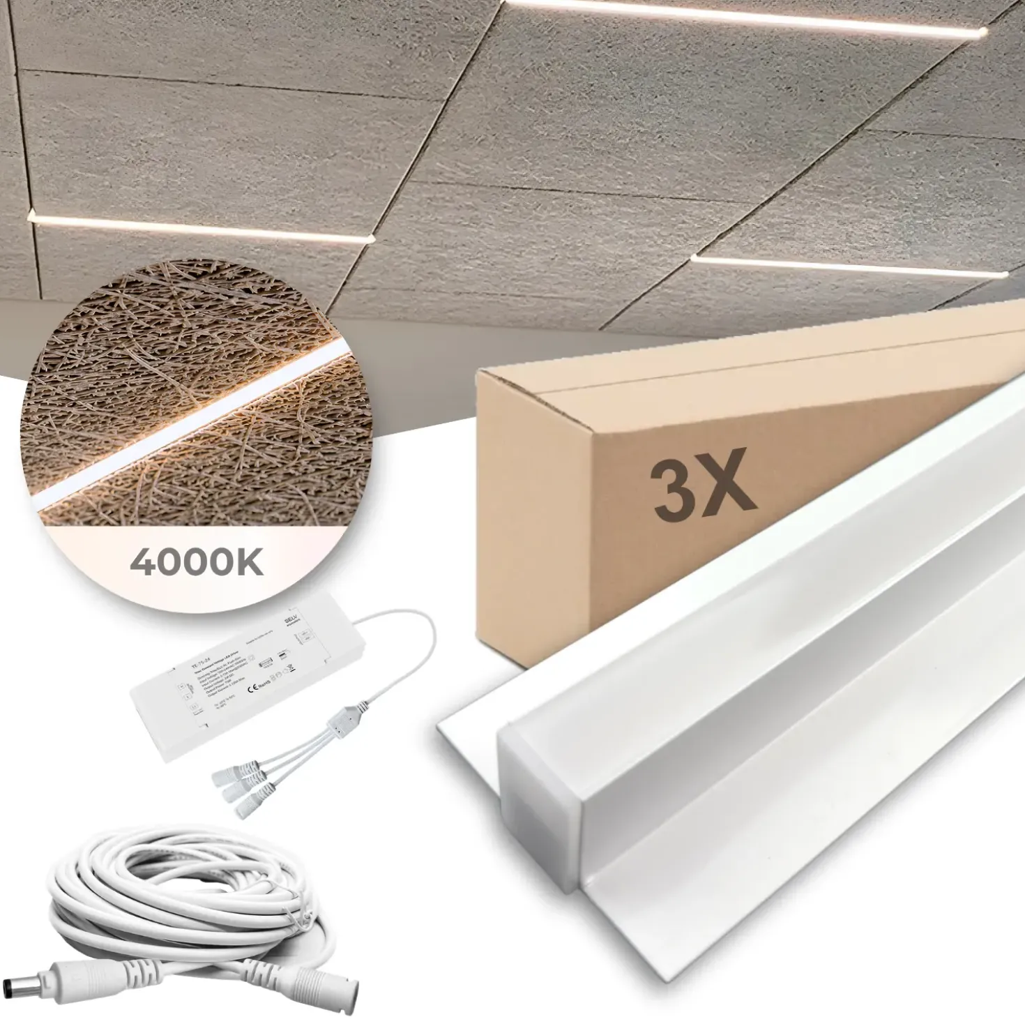 LED Troldtekt Skinner 60cm | 3 stk. Sæt | Inklusiv kabler, driver og 3-splitter | 4000K | PureLED | Hvid
