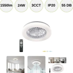 Loftlampe med Ventilator | 3CCT | 1550lm | 24W+15W | VENTELUX | Hvid