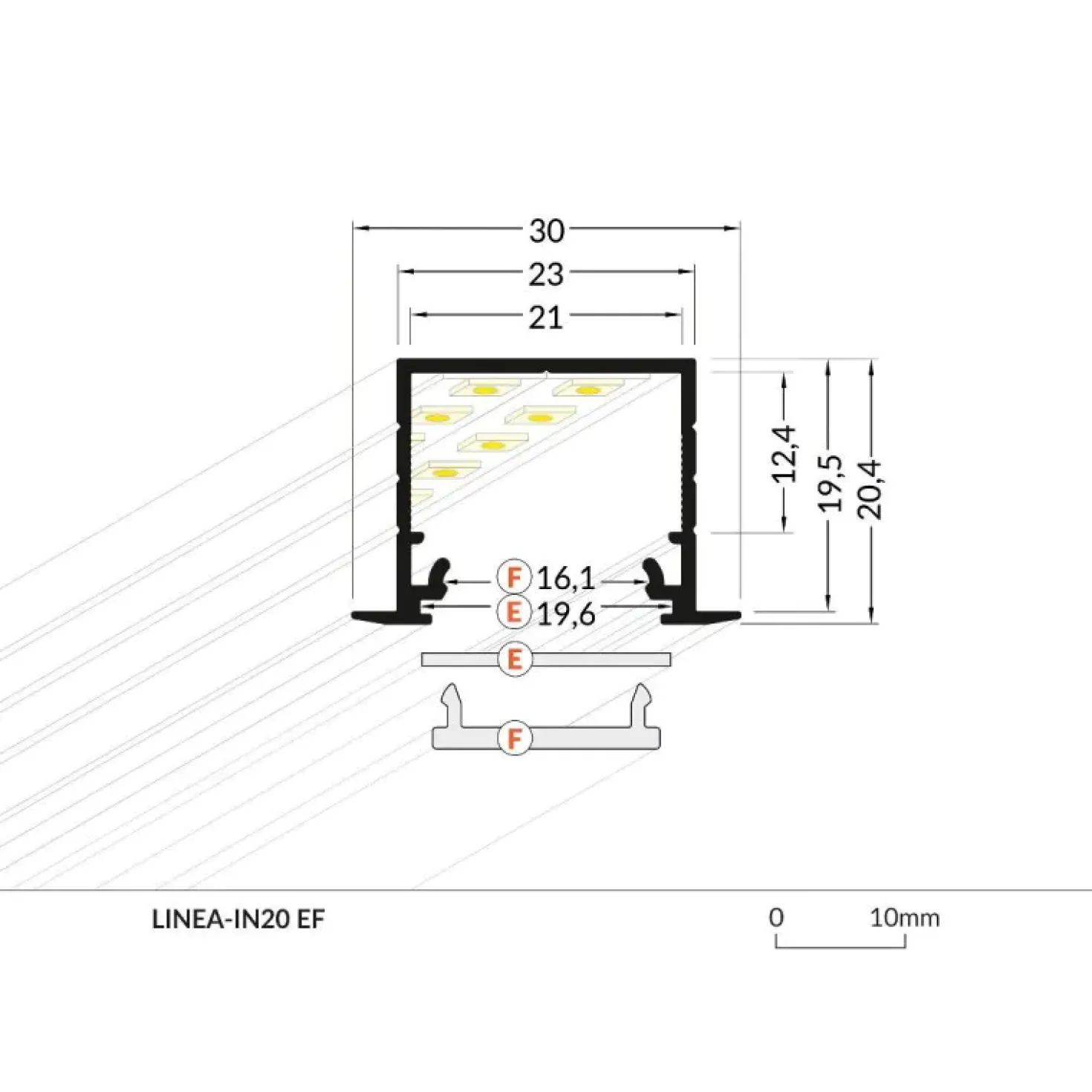 2m LED Skinne | 23x21mm | Sort | Til Indbyg | Sæt