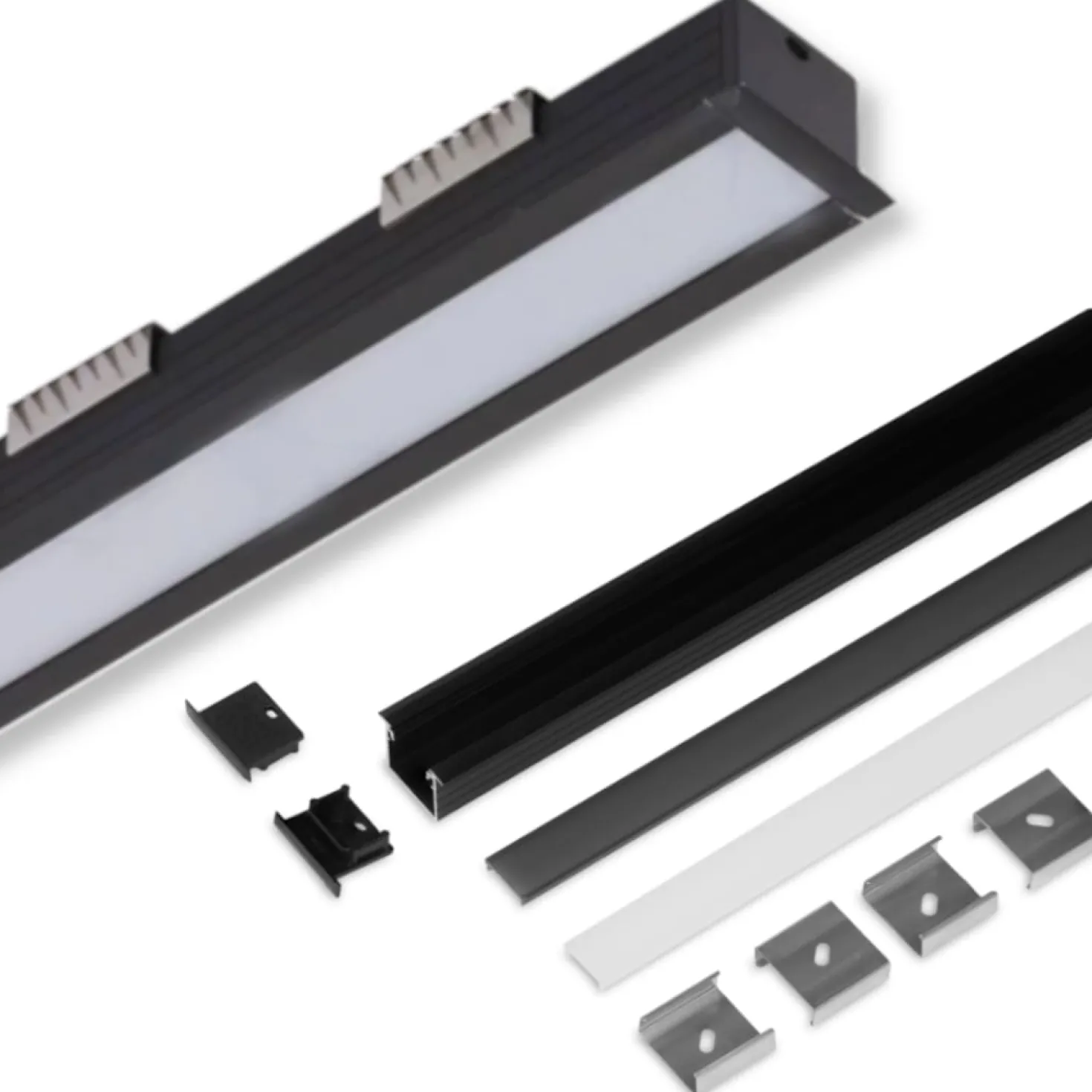 2m LED Skinne | 23x21mm | Sort | Til Indbyg | Sæt