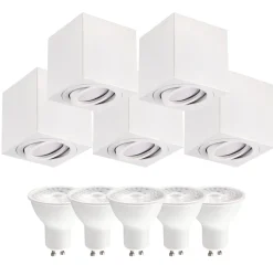 Påbygningsspots | 5 stk. pakke inkl. Gu10 3000K | Firkant | Hvid | m. Kip | Indendørs | 230V
