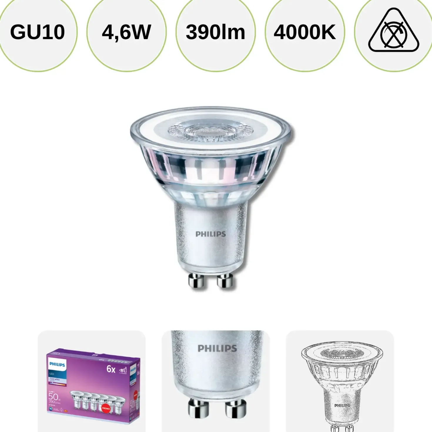 Philips LED Spot GU10 | 6-pak | 4,6W | 390lm | 4000K