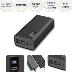 Powerbank 30000mAh | 22W | QC 3.0 | USB-C & USB-A | Sort