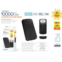 Powerbank med Solcelle | 10.000 mAh | 15W | Sort
