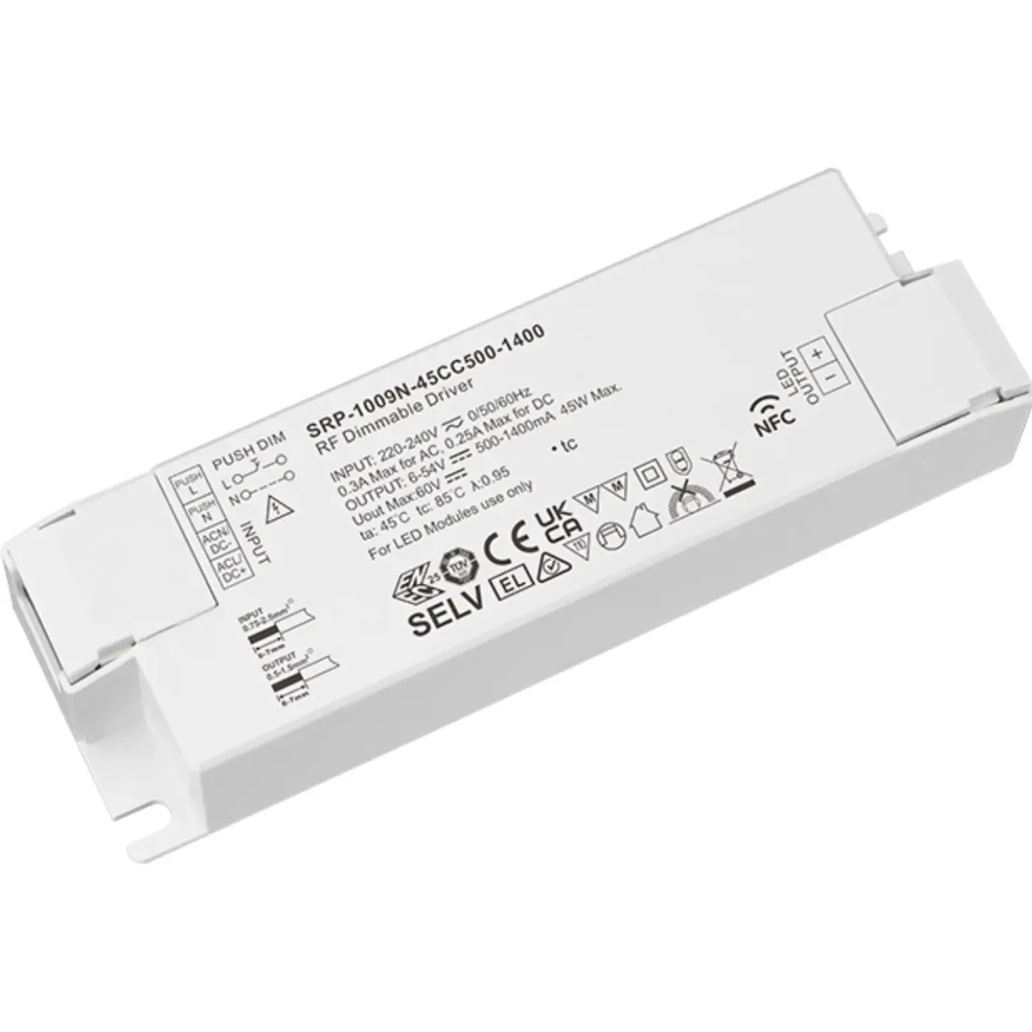 RF LED Panel Driver | 45W | 500-1400mA | 1CH | NFC Dæmpbar Driver