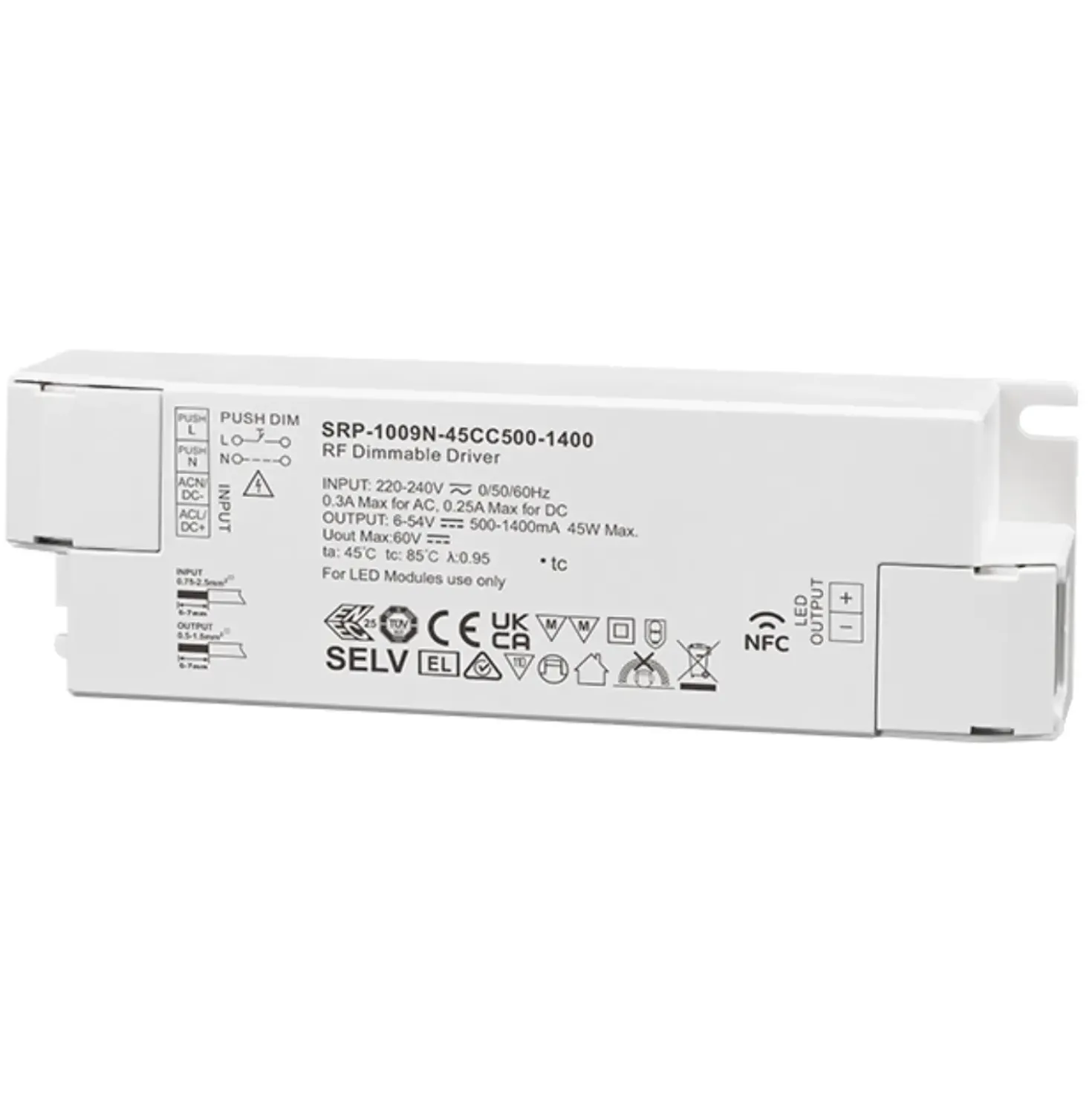 RF LED Panel Driver | 45W | 500-1400mA | 1CH | NFC Dæmpbar Driver