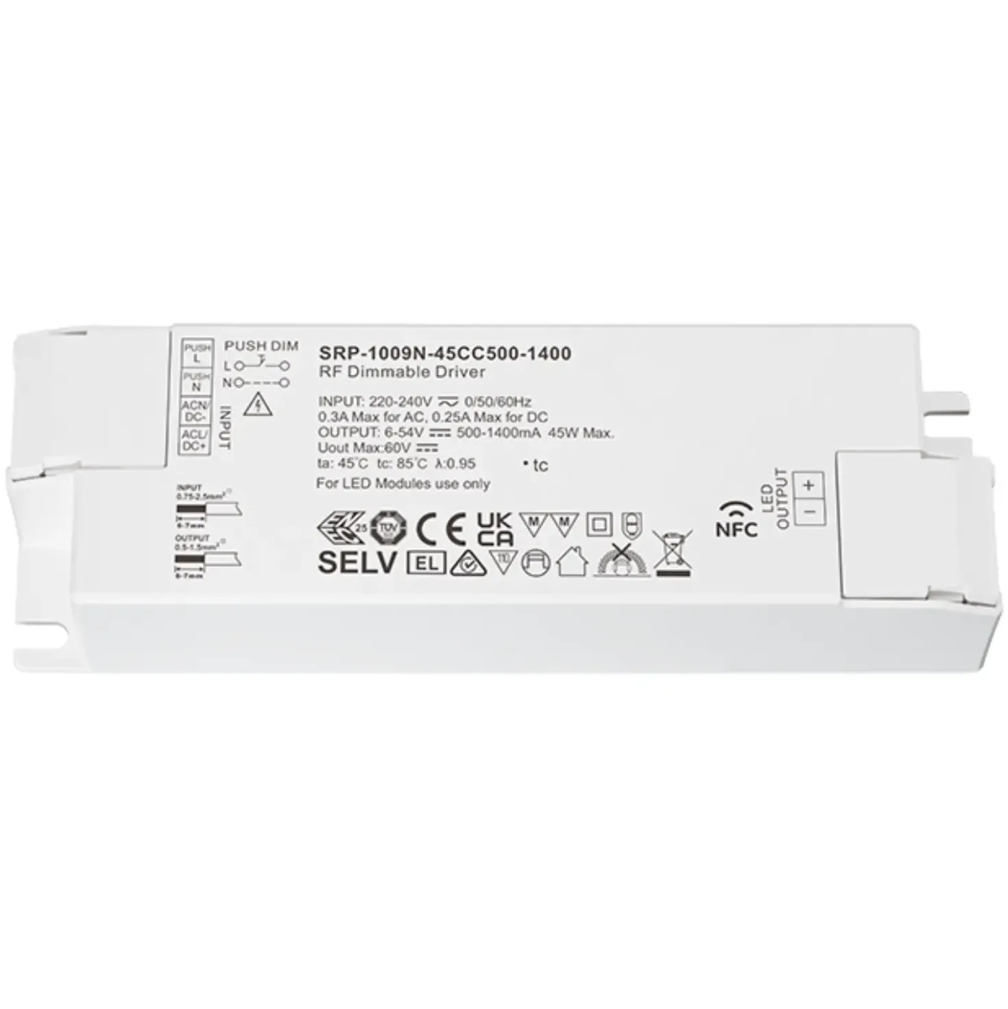 RF LED Panel Driver | 45W | 500-1400mA | 1CH | NFC Dæmpbar Driver