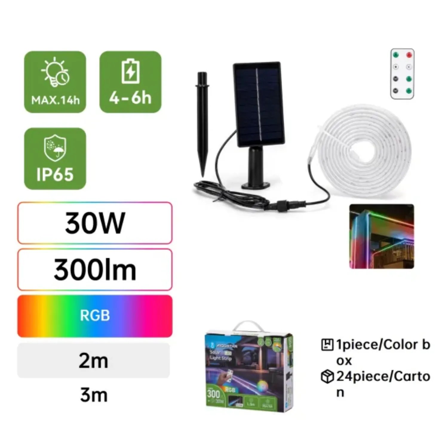 Solcelle LED strip | 3m | RGB | 300lm | 30W | Separat solpanel | 2m kabel | Sort