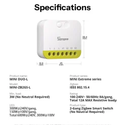 Sonoff MINI DUO-L Smart Relæ | Zigbee | 2CH | Max. 16A | MINI-ZB2GS-L
