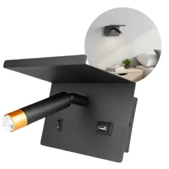Væghængt Sengelampe Med Hylde og USB Stik | USB A+C | G9 | Messing Og Sort