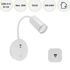 Væghængt Sengelampe Med USB | USB TYPE A + C | GU10 | Hvid