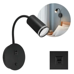 Væghængt Sengelampe Med USB | USB TYPE A + C | GU10 | ZULA | Sort
