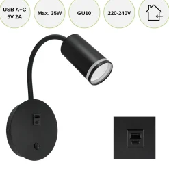 Væghængt Sengelampe Med USB | USB TYPE A + C | GU10 | ZULA | Sort