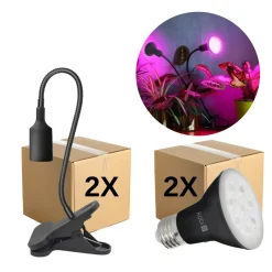 Vækstlys Lampe + Pære | 2-Pak | 7,4 PPF | 7W | Med Klemme | Sort