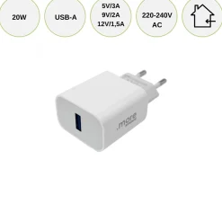 20W oplader | USB A | Mobil oplader | Hvid
